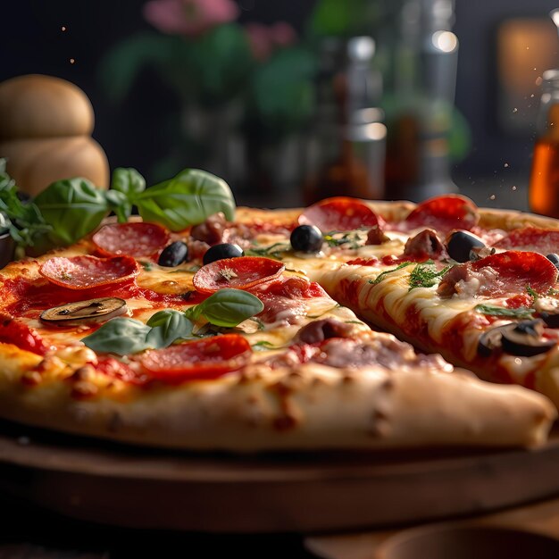 Foto pizza mixta crujiente con aceitunas y salchicha hecha con ai generativo