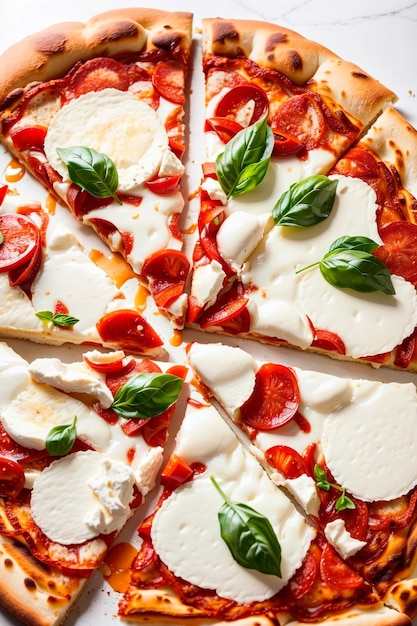 foto de una pizza de mozzarella en un comercio con fondo blanco