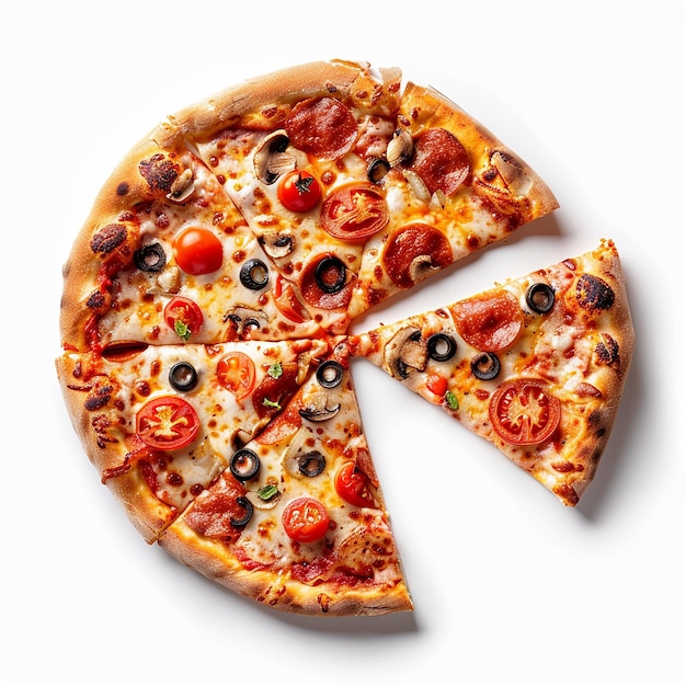 Foto de pizza recién horneada con una rebanada cortada aislada sobre un fondo blanco