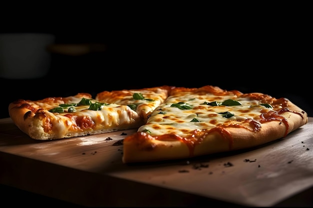Foto de pizza en una tabla de madera y vista lateral de la mesa fondo negro
