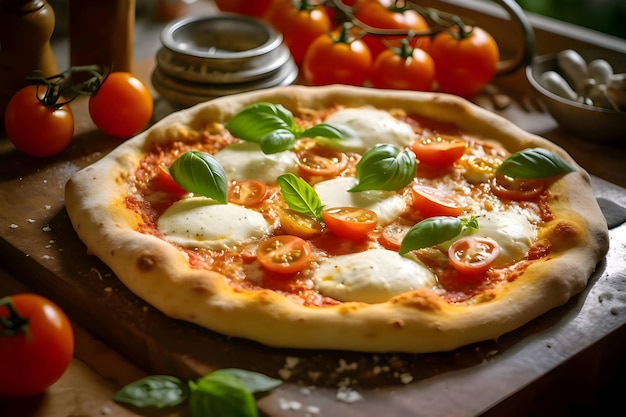 Foto de pizza en una tabla de madera y vista lateral de la mesa