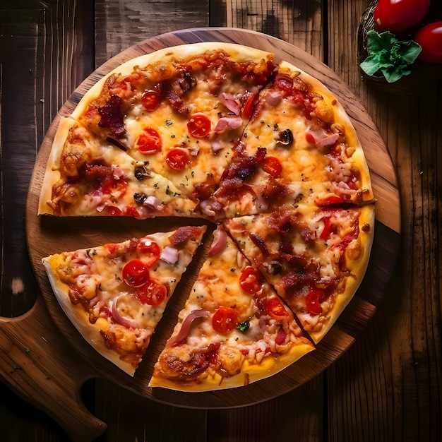 Foto de pizza en tablero de madera y vista superior de la mesa