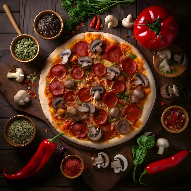 Foto de pizza en tablero de madera y vista superior de la mesa