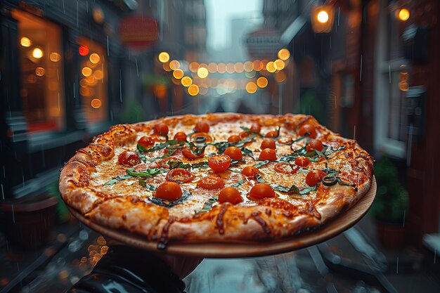 Foto foto de pizza de ternero de una persona sosteniendo una pizza frente al restaurante al estilo de bokeh ia generativa