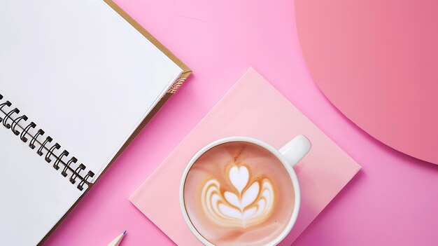 Foto plana creativa de escritorio de espacio de trabajo con café de papelería y cuaderno en blanco IA generativa