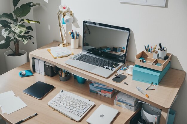 Foto plana creativa del escritorio del espacio de trabajo.