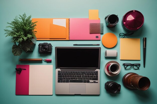 Foto plana del escritorio de oficina con fondo de espacio de copia de computadora portátil