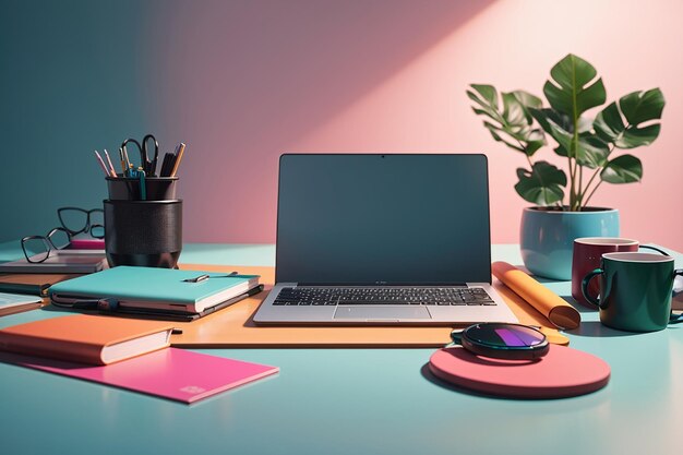 Foto plana gratuita foto de mesa de escritório com computador portátil arranjo de escritório de escritório em casa fundo