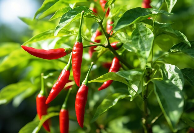 Foto de una planta de chile rojo con una granja de plantaciones agrícolas de chile rojo maduro