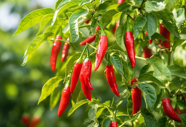 Foto de una planta de chile rojo con una granja de plantaciones agrícolas de chile rojo maduro