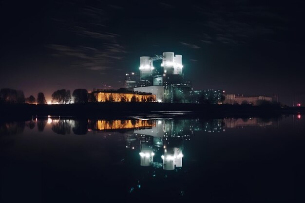 Foto de la planta de energía nuclear en la costa de la noche del lago