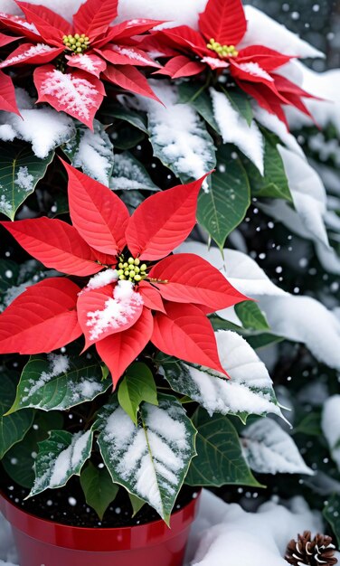 Foto de una planta de flor de pascua navideña rodeada de copos de nieve
