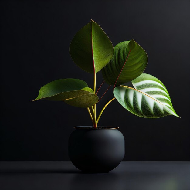 Foto Una planta con una hoja verde en una maceta negra.