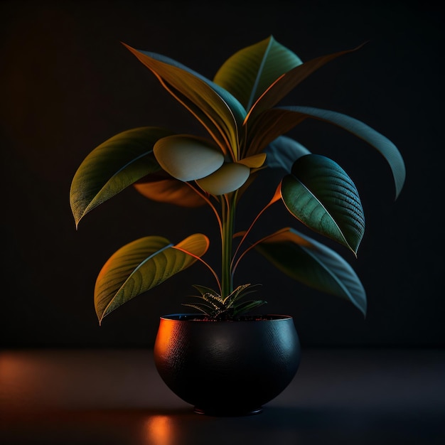 Foto Una planta en una maceta con un fondo oscuro.