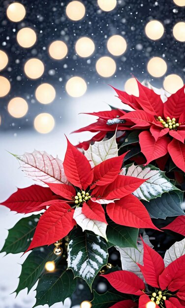 Foto de la planta de Poinsettia de Navidad rodeada de copos de nieve y luz de hadas