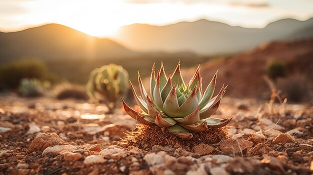 Foto una foto de una planta suculenta con un paisaje desértico en el fondo de la cálida luz del sol