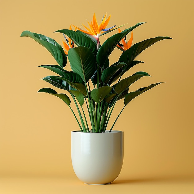 Foto de plantas de interior Aves del Paraíso Strelitzia reginae en una olla blanca en el dorso amarillo aislado