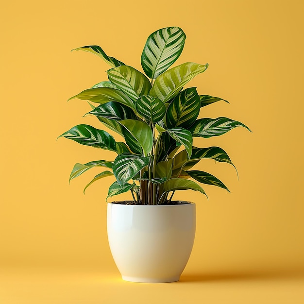 Foto de plantas de interior Calathea spp en una olla blanca sobre un fondo amarillo aislado