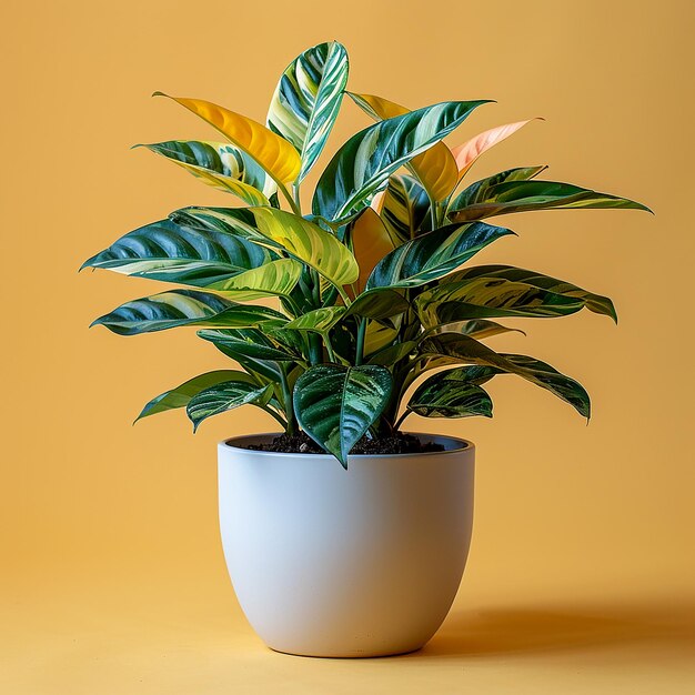 Foto de plantas de interior Croton Codiaeum variegatum en una olla blanca sobre un fondo amarillo aislado