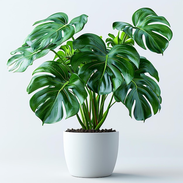 Foto de plantas de interior Monstera Monstera deliciosa en una olla blanca sobre un fondo blanco aislado