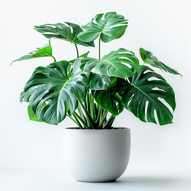 Foto de plantas de interior Monstera Monstera deliciosa en una olla blanca sobre un fondo blanco aislado