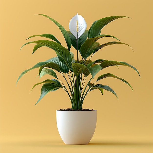 Foto de plantas de interior Peace Lily Spathiphyllum en una olla blanca sobre un fondo amarillo aislado