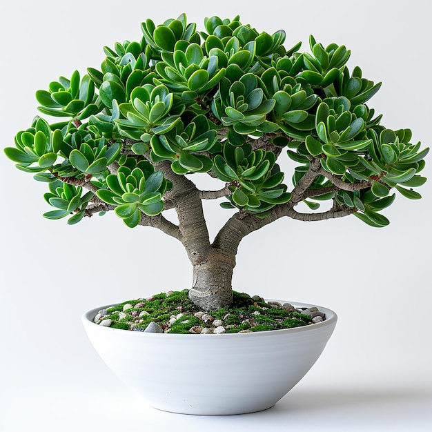 Foto de plantas de interior Planta de jade Crassula ovata en una olla blanca sobre un fondo blanco aislado