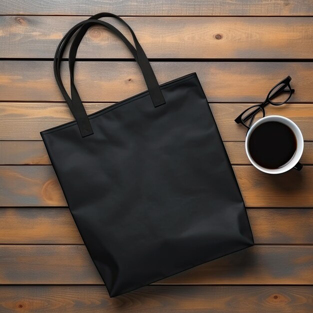 Foto foto de plantilla de bolso de mano negro bolso de compras negro yace sobre la mesa maqueta de producto minimalista