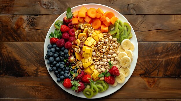 Una foto de un plato blanco cubierto de frutas y verduras con un montón de nueces.