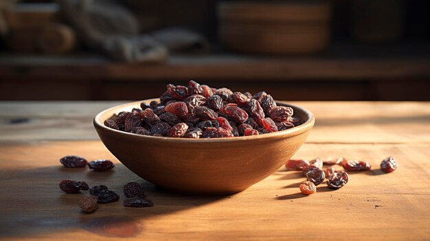 Una foto de un plato de cerezas secas en una mesa de madera