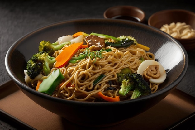 Foto foto de un plato de fideos con verduras en él