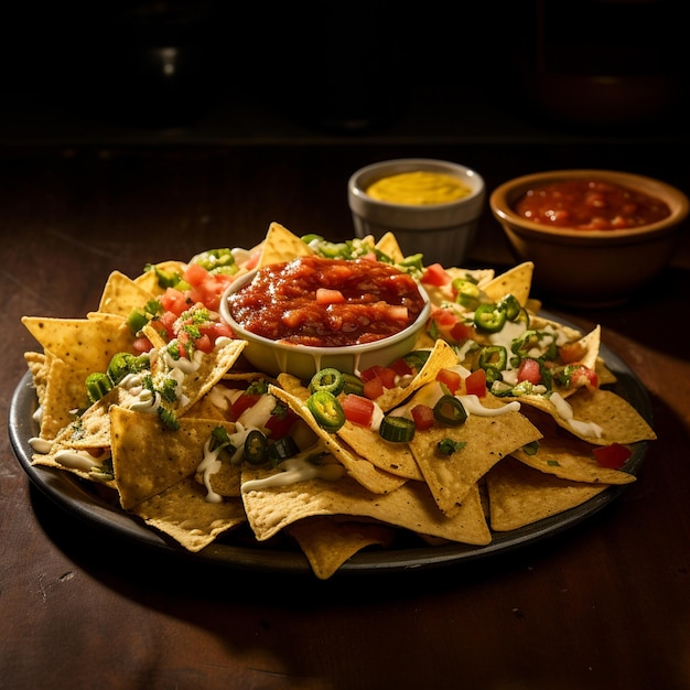 foto de un plato de nachos con salsa