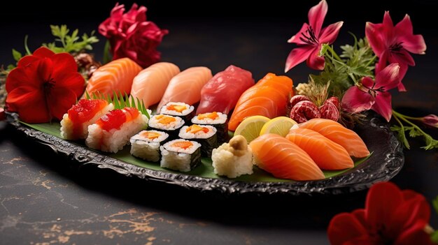 Foto foto de un plato de sushi y sushi con flores y hojas.