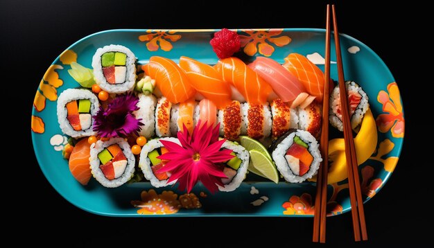 Foto foto de un plato de sushi con una variedad de diferentes sabores