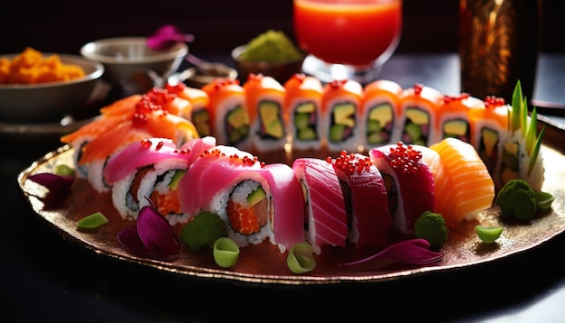 Foto foto de un plato de sushi con una variedad de sabores diferentes