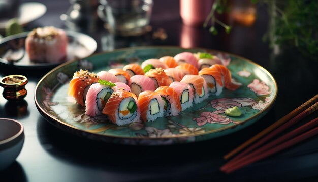 Foto foto de un plato de sushi con una variedad de sabores diferentes