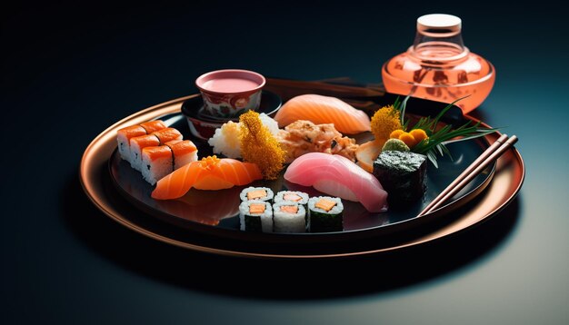 Foto de Un plato de sushi con una variedad de sabores diferentes