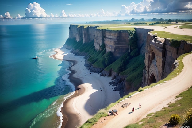 Una foto de una playa con un acantilado al fondo.