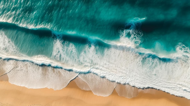 Una foto de una playa con agua azul y olas blancas.