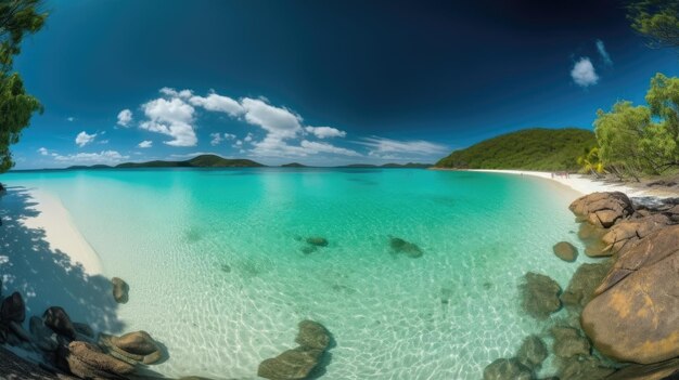 Una foto de una playa con agua clara y un cielo azul con nubes.