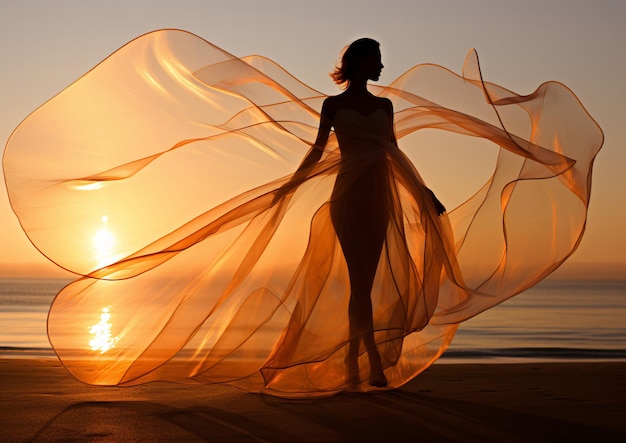 Foto de la playa del amanecer con una mujer con una tela naranja translúcida generada por IA