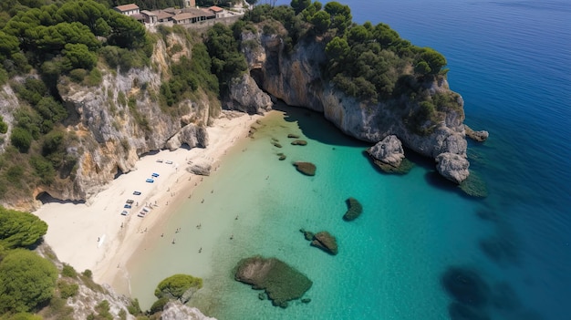 Foto de playa en ángulo alto capturada desde arriba que muestra la impresionante costa oceánica y el sereno paisaje tropical Perfecto para temas de vacaciones y viajes IA generativa