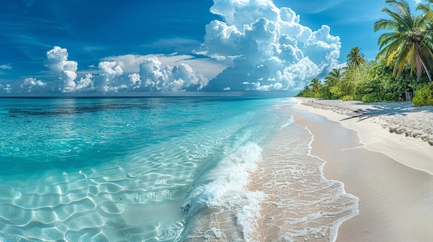 Foto de playa de arena vacía con mar azul y pequeñas olas Concepto de descanso de verano en lugares exóticos