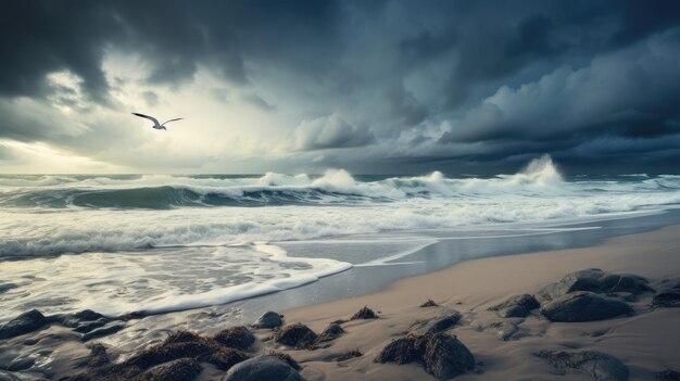 Foto una foto de una playa con una gaviota solitaria rompiendo las olas