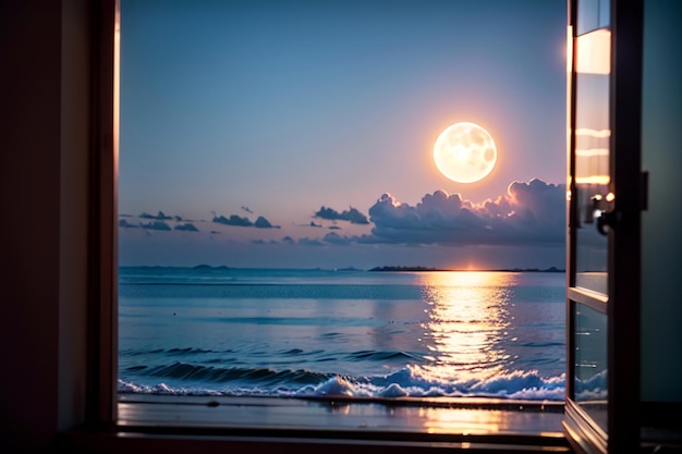 Una foto de una playa con luna llena en el cielo