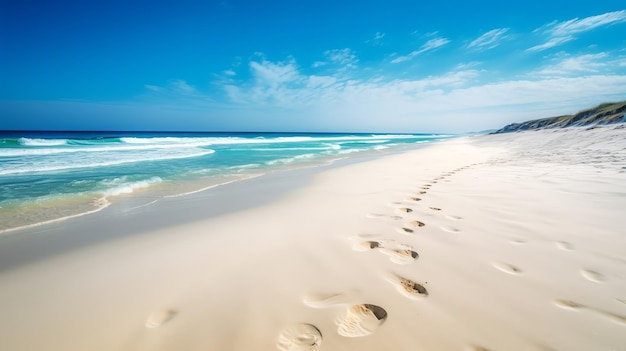 Foto playa con marca de pie en la arena y cielo azul