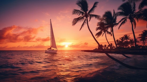 Una foto de una playa con palmeras al atardecer