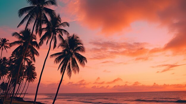 Foto una foto de una playa con palmeras al atardecer