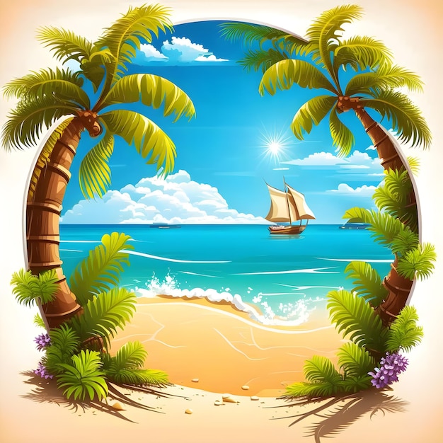 Una foto de una playa con palmeras y el sol.
