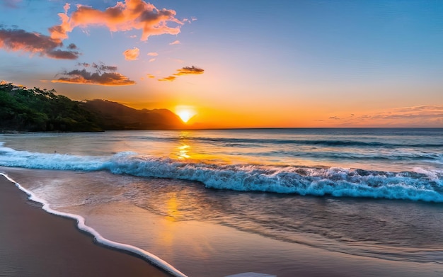 Foto de playa paradisíaca durante el día con puesta de sol.